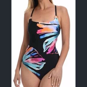 La Blanca Prism Palm Black One-Piece LB2CX24 Tummy Control Swimsuit Size 16 NWT